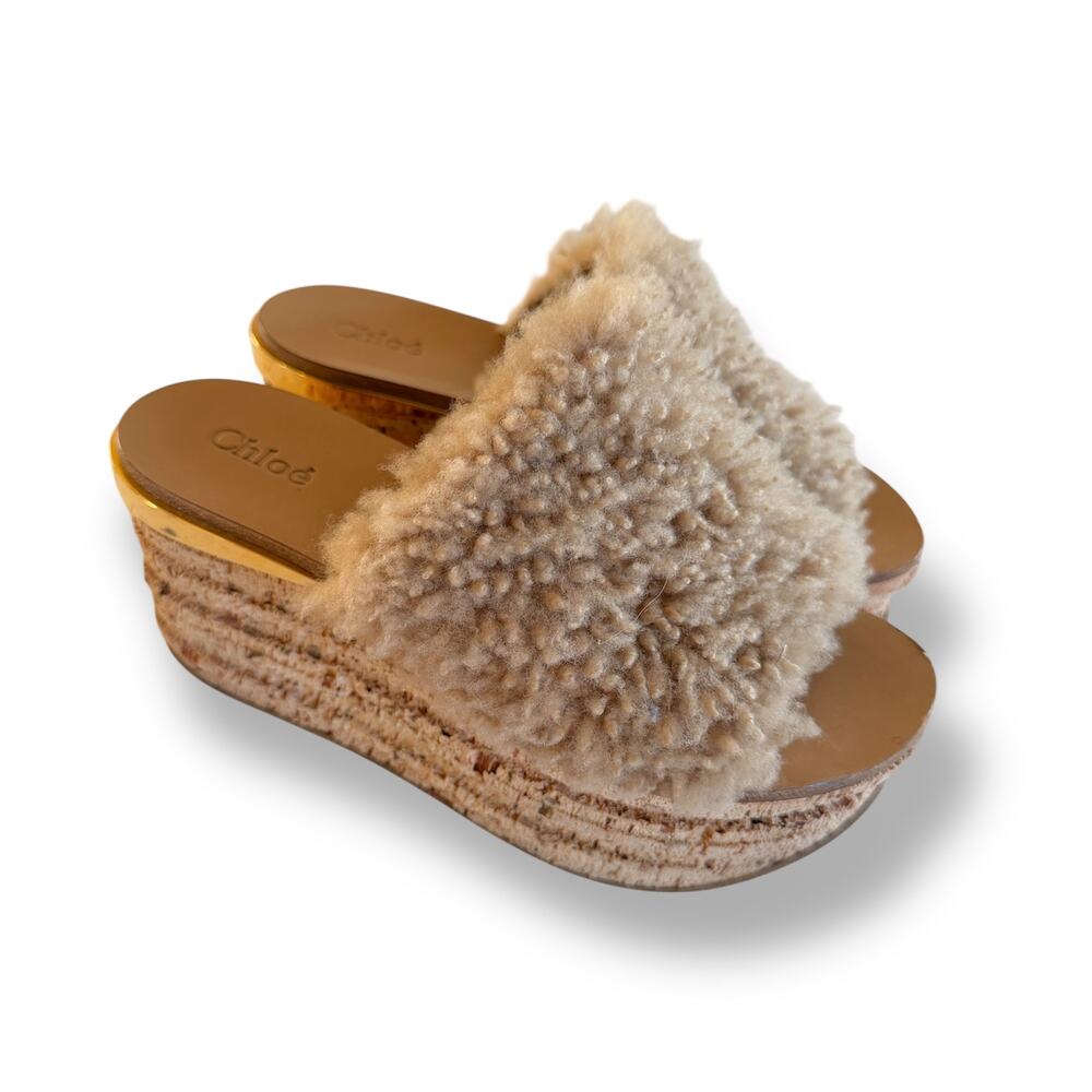 Chloé Camille Beige Shearling Fur Platform Wedge Slide Sandals Sz 8